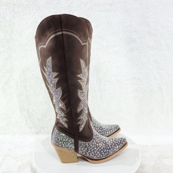 Crystal Dark Brown Multi Rhinestones Country Glam Western Cowgirl Knee Boots - Picture 13 of 17